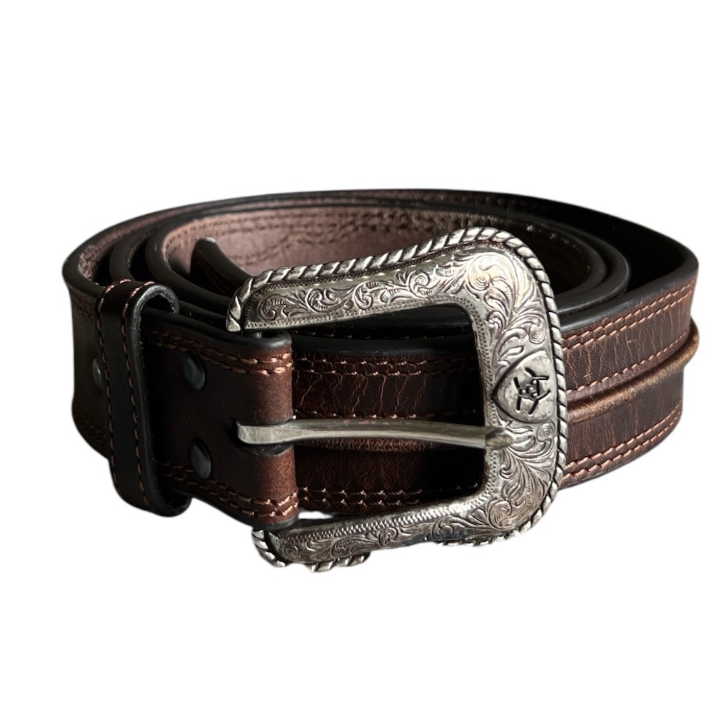 Ariat Men's Brown genuine Leather Belt silver tone buckle Sz 44